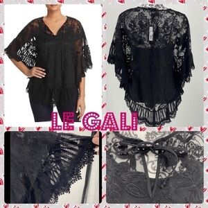 LE GALI Josette Embroidered Mesh Blouse crochet lace ruffle black poncho